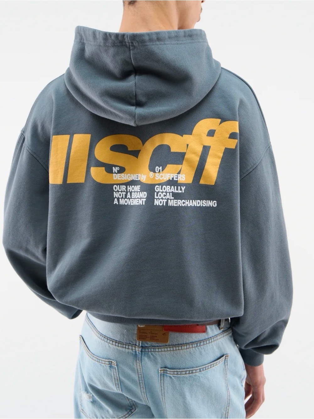 Men's Crewneck Sweatshirt with Bold Yellow Back Print - Slate Blue